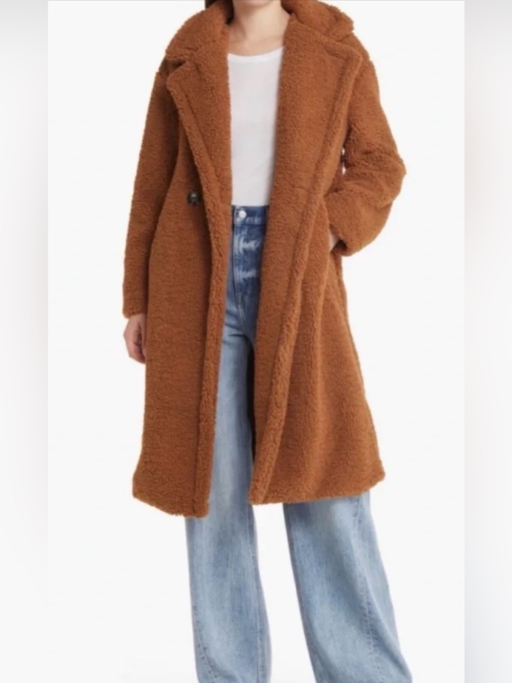 Apparis Long Teddy Coat in Rust Brown